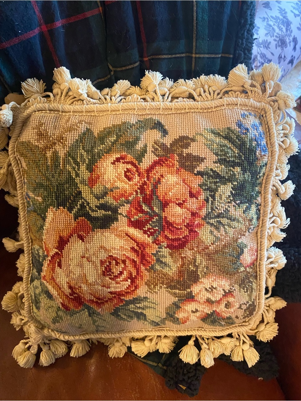 Vintage Floral Needlepoint Throw Pillow in Cream and Rose tassel trim - Picture 3 of 5